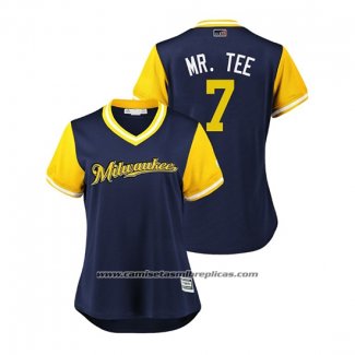 Camiseta Beisbol Mujer Milwaukee Brewers Eric Thames 2018 LLWS Players Weekend Mr. Tee Azul