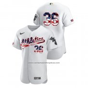 Camiseta Beisbol Hombre Oakland Athletics Yusmeiro Petit 2020 Stars & Stripes 4th of July Blanco