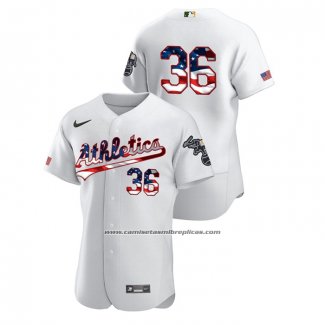 Camiseta Beisbol Hombre Oakland Athletics Yusmeiro Petit 2020 Stars & Stripes 4th of July Blanco