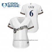 Camiseta Beisbol Mujer Milwaukee Brewers Lorenzo Cain 2019 Postemporada Cool Base Blanco
