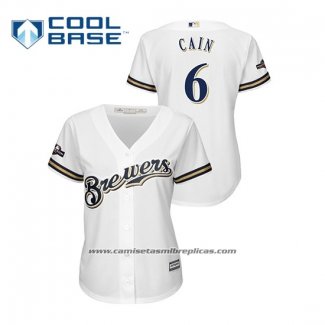 Camiseta Beisbol Mujer Milwaukee Brewers Lorenzo Cain 2019 Postemporada Cool Base Blanco