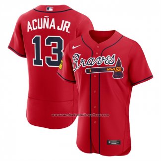 Camiseta Beisbol Hombre Atlanta Braves Ronald Acuna Jr Alterno Autentico Parche Patrocinador Rojo