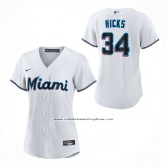 Camiseta Beisbol Mujer Miami Marlins Liam Hicks Primera Replica Blanco