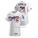 Camiseta Beisbol Hombre Los Angeles Dodgers Walker Buehler 2020 Stars & Stripes 4th of July Blanco