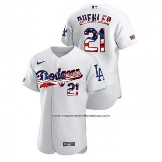 Camiseta Beisbol Hombre Los Angeles Dodgers Walker Buehler 2020 Stars & Stripes 4th of July Blanco