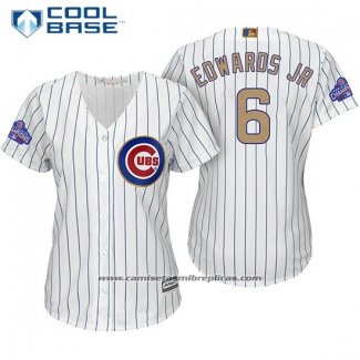 Camiseta Beisbol Mujer Chicago Cubs 6 Carl Edwards Jr. Blanco Oro Cool Base