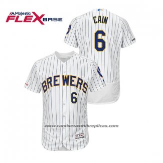 Camiseta Beisbol Hombre Milwaukee Brewers Lorenzo Cain Autentico Flex Base Blanco Azul