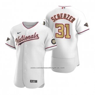 Camiseta Beisbol Hombre Washington Nationals Max Scherzer Gold-Trimmed Championship Autentico Blanco