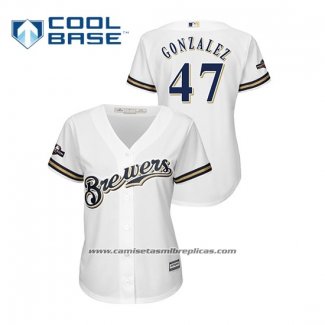 Camiseta Beisbol Mujer Milwaukee Brewers Gio Gonzalez 2019 Postemporada Cool Base Blanco